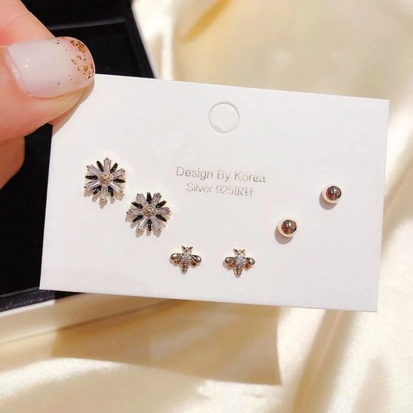 [3 Pairs] 925 Sterling Silver Diamond Earrings E - Picture 7 of 7